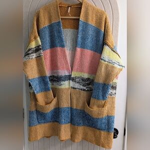FP Movement by Free People Striped Open Cardigan in Mustard, Blue, Pink, Yellow